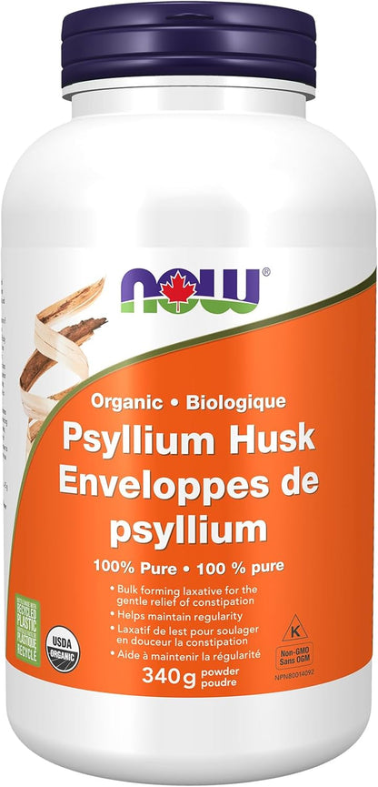 NOW Supplements, Psyllium Husk Powder, Certified Organic, Non-GMO Project Verified, Soluble Fibre, 340g