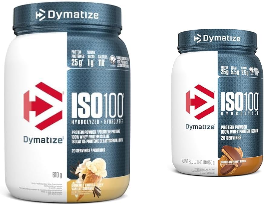 Dymatize ISO100 水解蛋白粉，香草味，高蛋白粉，100% 乳清分離蛋白粉，25 克蛋白質，無麩質，20 份 & ISO100 - 巧克力花生醬 20 份