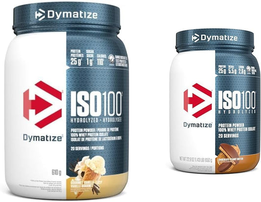 Dymatize ISO100 水解蛋白粉，香草味，高蛋白粉，100% 乳清分離蛋白粉，25 克蛋白質，無麩質，20 份 & ISO100 - 巧克力花生醬 20 份