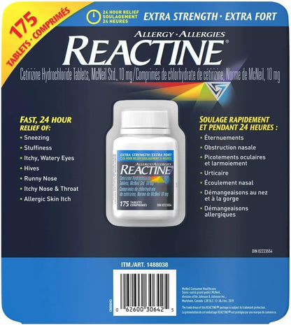 Reactine Extra Strength Antihistamine Tablets - 10mg Cetirizine Hydrochloride - 24 Hour Allergy Relief Medicine - 175 Count