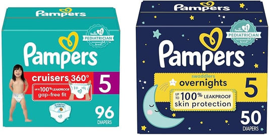 Pampers Pull On Cruisers 360° Fit Disposable Baby Diapers Size 5, 96 Count + Pampers Swaddlers Overnights Disposable Baby Diapers Size 5, 50 Count
