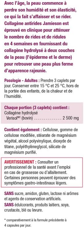 Jamieson 抗皺水解維麗素膠原蛋白 2,500 毫克，經臨床研究，28 天內減少細紋和皺紋，提升肌膚彈性。非基因改造，無麩質，60 粒膠囊，加拿大製造