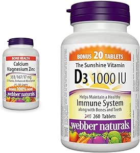 Webber Naturals 鈣鎂鋅複合片，200 粒膠囊，促進吸收，含維生素 D3 1000 IU，260 片，有助於骨骼和牙齒健康，維持身體健康