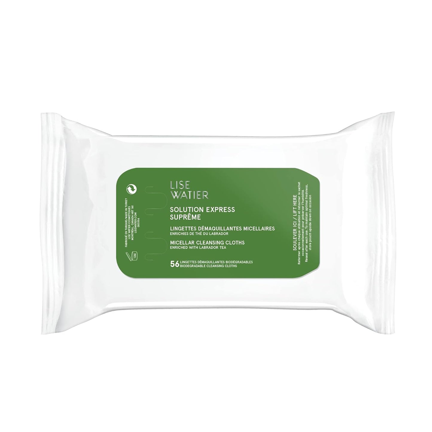 Watier Solution Express Suprême 胶束洁肤巾，可生物降解卸妆湿巾，带可回收袋，快速卸妆，含拉布拉多茶，纯素配方，56 片