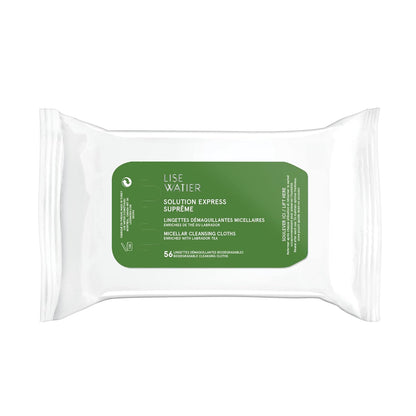 Watier Solution Express Suprême 胶束洁肤巾，可生物降解卸妆湿巾，带可回收袋，快速卸妆，含拉布拉多茶，纯素配方，56 片