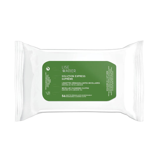 Watier Solution Express Suprême 胶束洁肤巾，可生物降解卸妆湿巾，带可回收袋，快速卸妆，含拉布拉多茶，纯素配方，56 片