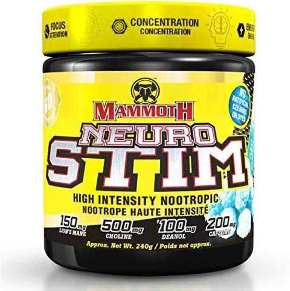 Mammoth NeuroStim 60 Serve, Caffeine & Nootropic Brain Supplement Formula, Energy & Focus, Mental & Physical Boost, Increased Cognition, Lion’s Mane Mushroom, Clear Raspberry