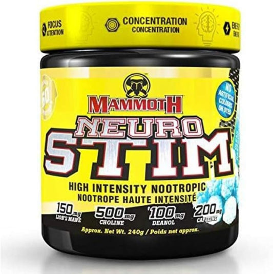 Mammoth NeuroStim 60 Serve, Caffeine & Nootropic Brain Supplement Formula, Energy & Focus, Mental & Physical Boost, Increased Cognition, Lion’s Mane Mushroom, Clear Raspberry