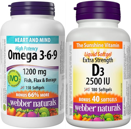 Webber Naturals Omega 3-6-9 1,200 毫克魚油和維生素 D3 2500 IU 強效，180 粒軟膠囊，有益於骨骼和牙齒健康，並有助於預防維生素 D 缺乏症