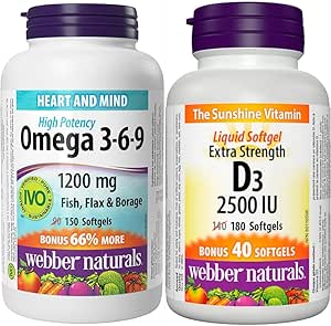 Webber Naturals Omega 3-6-9 1,200 毫克魚油和維生素 D3 2500 IU 強效，180 粒軟膠囊，有益於骨骼和牙齒健康，並有助於預防維生素 D 缺乏症