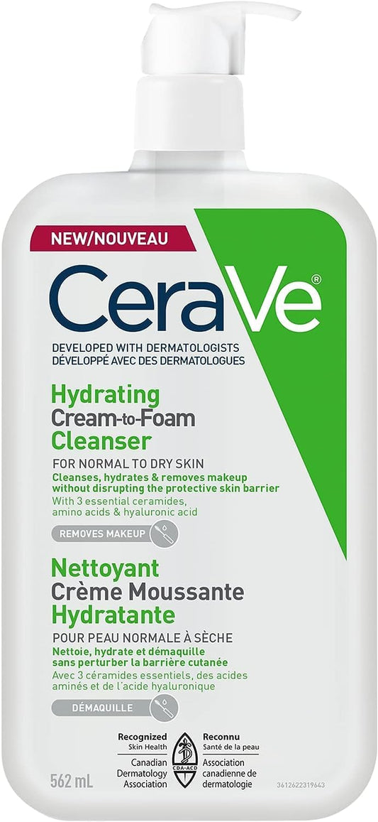 CeraVe Hydrating Cream-to-Foam Face Cleanser, One-Step Face Wash With Hyaluronic Acid & Amino Acid Complex, Gently Cleanses Skin, Non-Comedogenic, Fragrance-Free, Normal to dry skin, 562mL