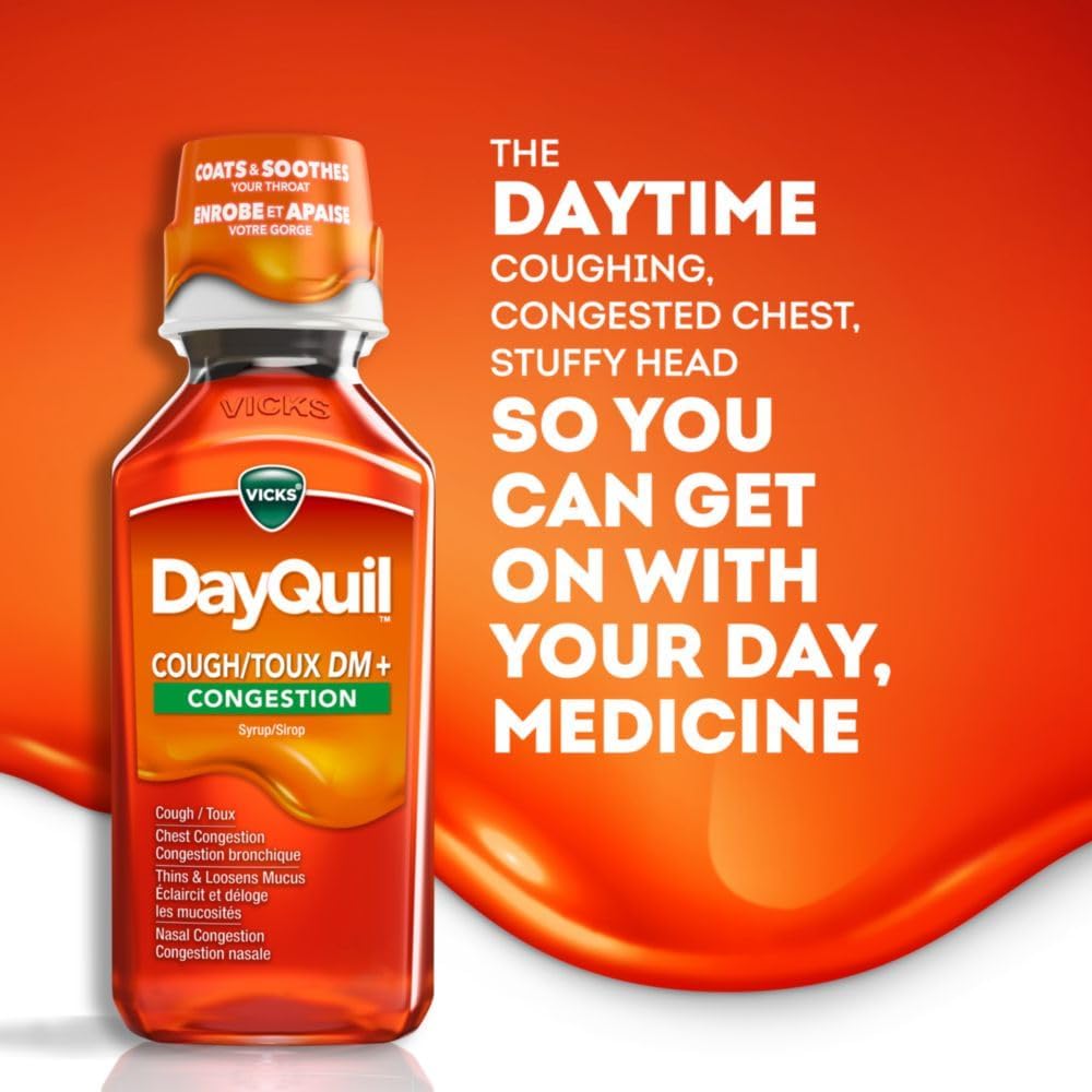 Vicks DayQuil 止咳和鼻塞非嗜睡液体药，白天缓解咳嗽、粘液和鼻塞，柑橘味，354 毫升