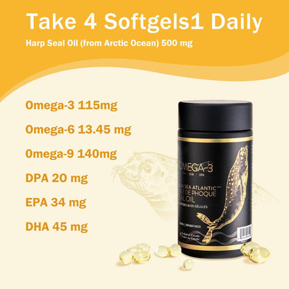 Nova Sea Atlantic® 出品，易于吞咽的竖琴海豹油 Omega 3 6 9 | 加拿大制造 | 富含 EPA、DHA 和 DPA，有益健康 | 不含化学物质，非转基因 | 500 毫克 - 240 粒软胶囊