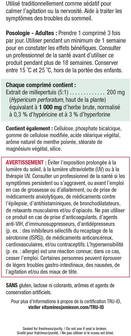 Jamieson 圣约翰草 1000 毫克，神经调节剂，镇静舒缓神经紧张。非转基因，无麸质，60 片装，加拿大制造