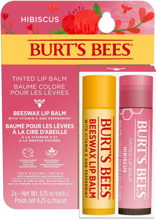 Burt’s Bees® 原廠蜂蠟潤唇膏和芙蓉花有色潤唇膏禮品套裝，100% 天然成分，2 支裝