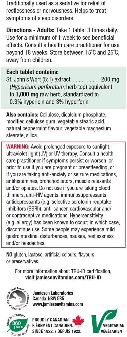 Jamieson 圣约翰草 1000 毫克，神经调节剂，镇静舒缓神经紧张。非转基因，无麸质，60 片装，加拿大制造