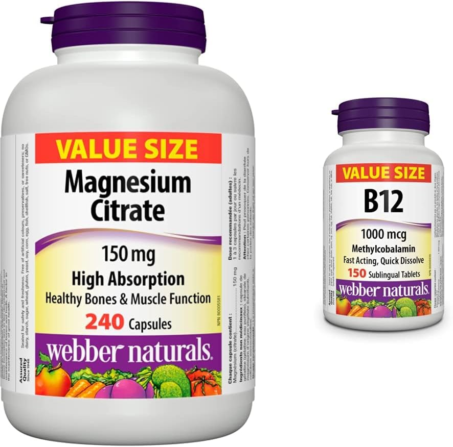 Webber Naturals Magnesium Citrate 150 mg, 240 Capsules & Vitamin B12 1000 mcg, Quick Dissolve, 150 Tablets