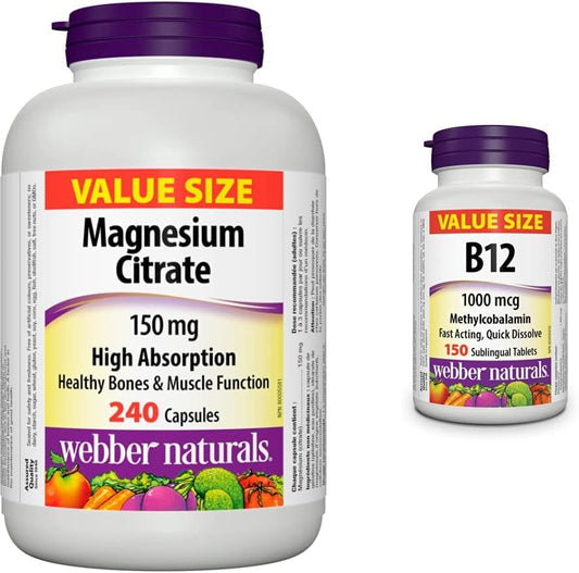 Webber Naturals Magnesium Citrate 150 mg, 240 Capsules & Vitamin B12 1000 mcg, Quick Dissolve, 150 Tablets