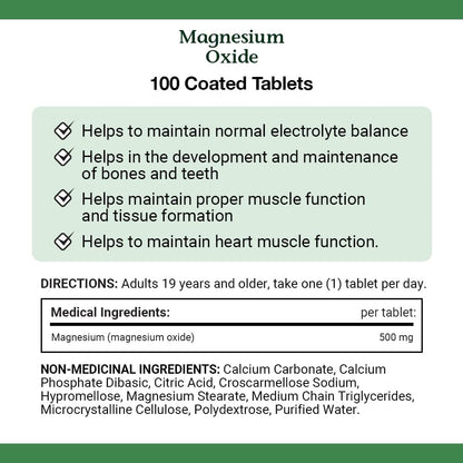 Nature's Bounty 氧化鎂 500 毫克片劑，有助於維持正常的肌肉功能，100 片
