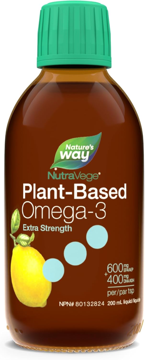 Nature's Way NutraVege Plant-based Omega 3 Supplement, Extra Strength Formula, Vegetarian, EPA + DHA from Algal Oil, Vegan, Lemon Flavour, 200 mL Liquid
