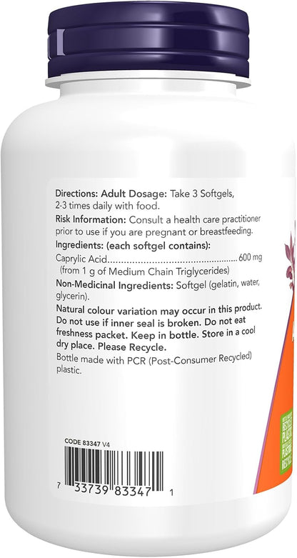NOW Supplements, Caprylic Acid 600 mg, MCT (Medium-Chain Triglycerides), 100 Softgels