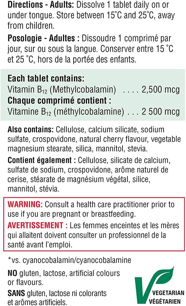 Jamieson 維生素 B12 2,500 微克速溶舌下片，天然櫻桃味，含甲鈷胺，促進能量生成和代謝。素食，無麩質，不含人工色素、香精或防腐劑…