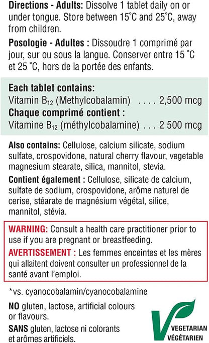 Jamieson 維生素 B12 2,500 微克速溶舌下片，天然櫻桃味，含甲鈷胺，促進能量生成和代謝。素食，無麩質，不含人工色素、香精或防腐劑…