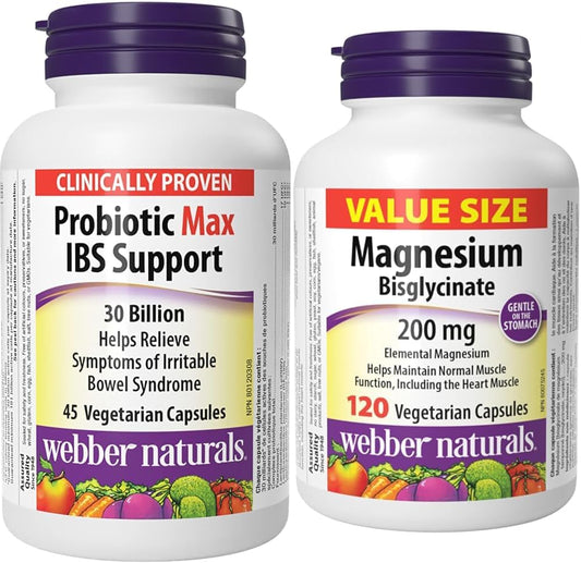 Webber Naturals Probiotic Max IBS Support, 30 Billion Active Cells, 5 Probiotic Strains, 45 Capsules & Magnesium Bisglycinate 200 mg, 120 Capsules, Supports Bone and Muscle Functions, Vegan