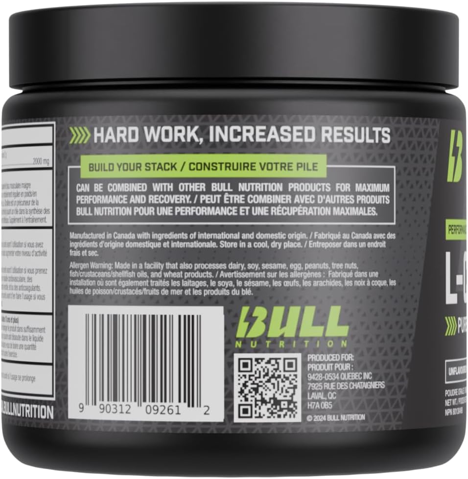 BULL Nutrition – L-瓜氨酸粉，一氧化氮促进剂和泵配方，可增强血液循环、能量和肌肉恢复 – 加拿大制造 – 100份，200克，无味