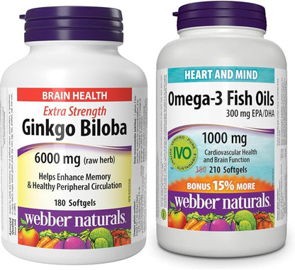 Webber Naturals 銀杏葉 6000 毫克，180 粒軟膠囊，有助於增強認知功能和記憶力；Omega-3 魚油 1000 毫克，210 粒軟膠囊，支持心血管健康和大腦功能