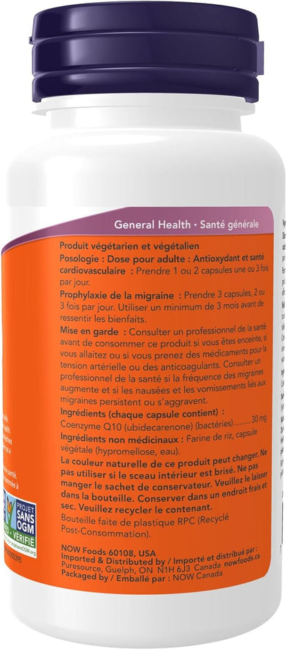 NOW Supplements，輔酶 Q10 30 毫克膠囊，醫藥級，發酵生產的全反式，60 粒