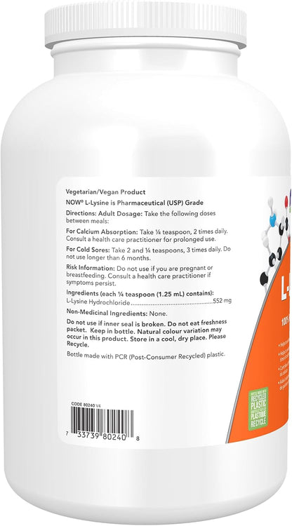 NOW Supplements, L-Lysine (L-Lysine Hydrochloride) Powder, Supports Collagen Synthesis, Amino Acid, 454g
