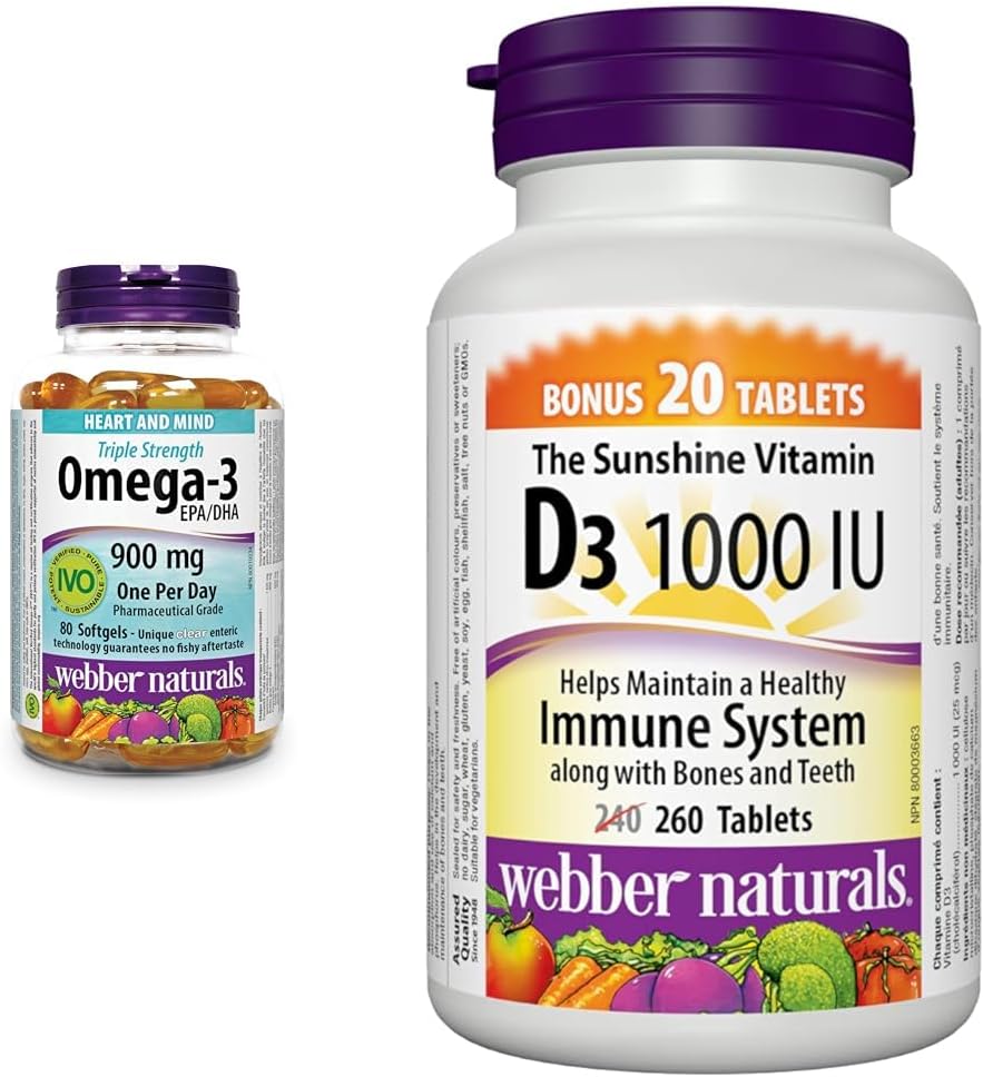 Webber Naturals Omega-3 900 毫克三倍强度，80 粒透明肠溶无鱼腥味软胶囊和维生素 D3 1000 IU，260 片，用于健康的骨骼、牙齿和维持身体健康