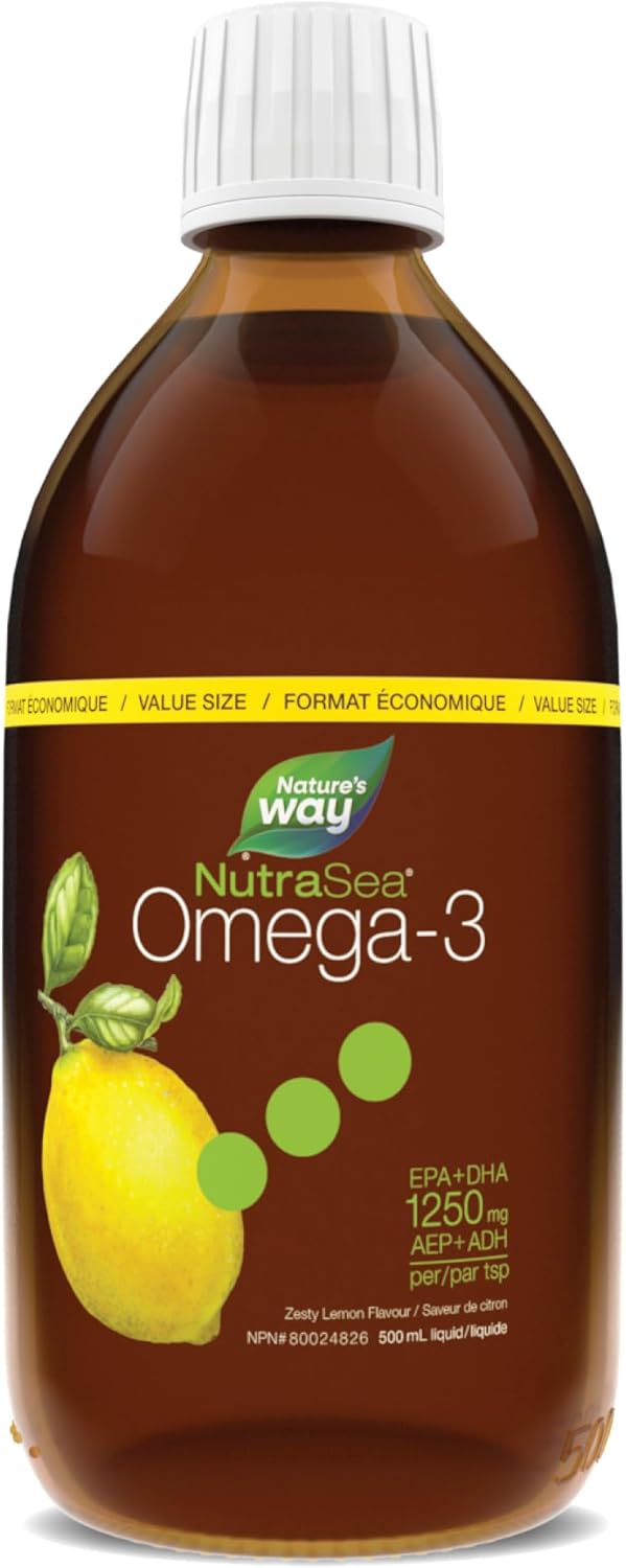 Nature's Way NutraSea 檸檬味 Omega-3 補充劑 - EPA 和 DHA 魚油 - 支持兒童和成人健康的心臟和大腦功能 - 不含基因改造成分，500 毫升液體