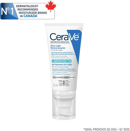 CeraVe Ultra-Light Moisturizing Gel Cream, Lightweight Face Moisturizer with Ceramides, Niacinamide & Hyaluronic Acid. Oil Free, Fast Absorbing and Fragrance-Free, Dermatologist Recommended, 52 mL