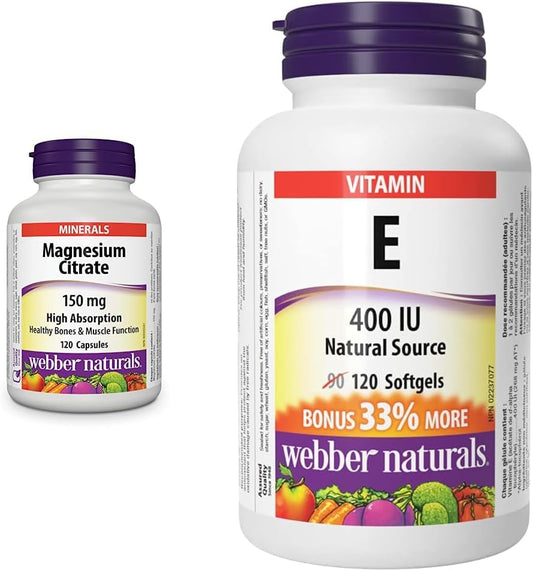 Webber Naturals Magnesium Citrate 150 mg, 120 Capsules, High Absorption Mineral, Supports Bone and Muscle Functions, Gluten Free, Non-GMO & Vitamin E Natural Source Softgel, 400 IU-120 Softgels