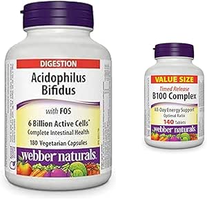 Webber Naturals 嗜酸乳桿菌雙歧桿菌，含 FOS、60 億活性細胞、4 種益生菌菌株和維生素 B100 複合物，定時釋放，140 片，支持能量生成和代謝，純素食