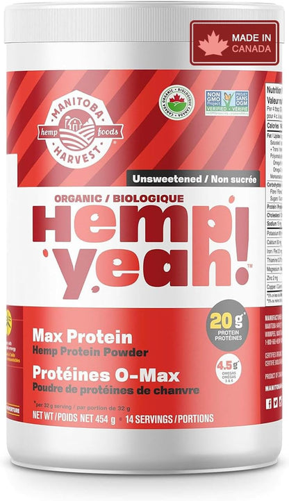 Manitoba Harvest Hemp Yeah! 有机蛋白粉，无糖，454克；每份含20克蛋白质和4.5克Omega 3&6，不含防腐剂，非转基因