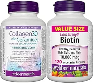 Webber Naturals Collagen30 with Ceramides, Bioactive Collagen Peptides, 120 Tablets, Hydrating Glow & Biotin 10,000 mcg Extra Strength, 120 Capsules, Supports Healthy Hair, Skin & Nails