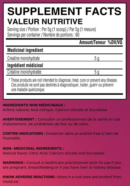 Unity Supplements 調味肌酸一水合物粉 - 促進肌肉生長、恢復、力量和性能 - 5 克純肌酸 - 60 份（400 克） - 易混合配方（覆盆子檸檬水）