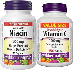 Webber Naturals Niacin 500 mg, 90 Capsules, No Flush, Vitamin B3 Supplement & Vitamin C Timed Release 1000 mg, 150 Tablets, For Bones, Teeth, Immune and Antioxidant Health