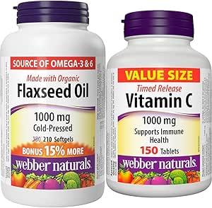 Webber Naturals 亞麻仁油 1000 毫克，210 粒軟膠囊，植物來源 Omega-3，有益於心臟健康，維生素 C 定時釋放 1000 毫克，150 片，有益於骨骼、牙齒、免疫和抗氧化健康