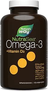 Nature's Way NutraSea+D Omega 3 + Vitamin D Supplement, Fresh Mint, 150 Soft Gels