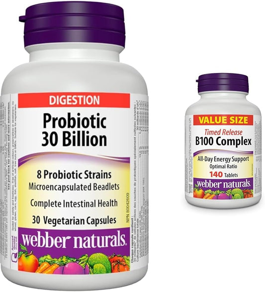 Webber Naturals Probiotic 30 Billion Active Cells, 8 Probiotic Strains, 30 Capsules, For Digestive & Vitamin B100 Complex, Timed Release, 140 Tablets, Supports Energy Production and Metabolism, Vegan