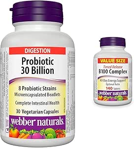 Webber Naturals 益生菌 300 億活性細胞，8 種益生菌菌株，30 粒膠囊，用於消化和維生素 B100 複合物，定時釋放，140 片，支持能量產生和代謝，純素