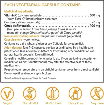 Sisu Ester-C 600毫克膠囊，24小時免疫支持維生素C，酸性較低，比其他形式的維生素C吸收更好，保留時間更長，240毫克VC，純素，非轉基因，無麩質，無乳製品，無大豆