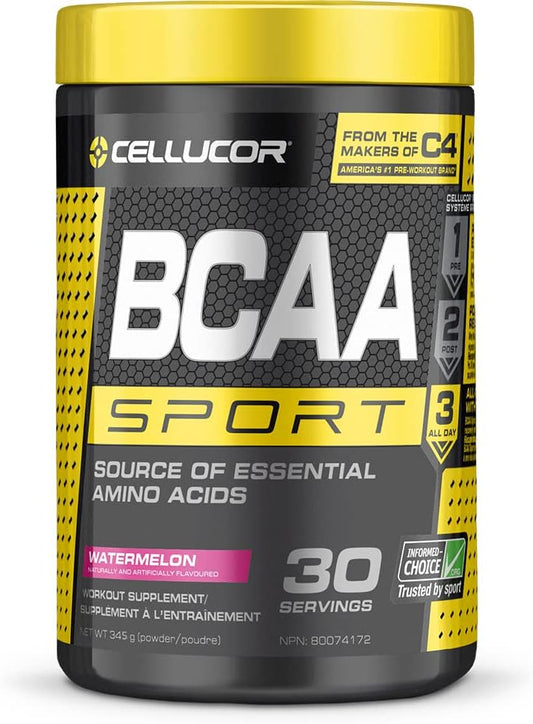 Cellucor BCAA Sport，運動後運動中粉狀運動飲料補充劑，用於補水、耐力和恢復，西瓜味，30 份