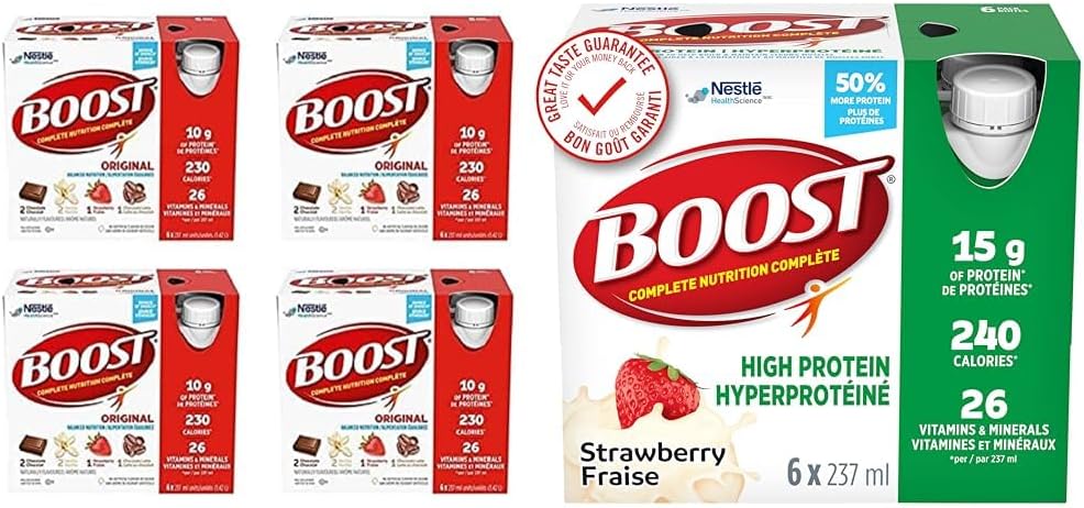 BOOST Original Meal Replacement Drink, 6x237ml Variety Pack, Case Pack of 4, Packaging May Vary & 15 g High Protein Meal Replacement Drink, Strawberry, 6x237ml, Case Pack of 4, Packaging May Vary