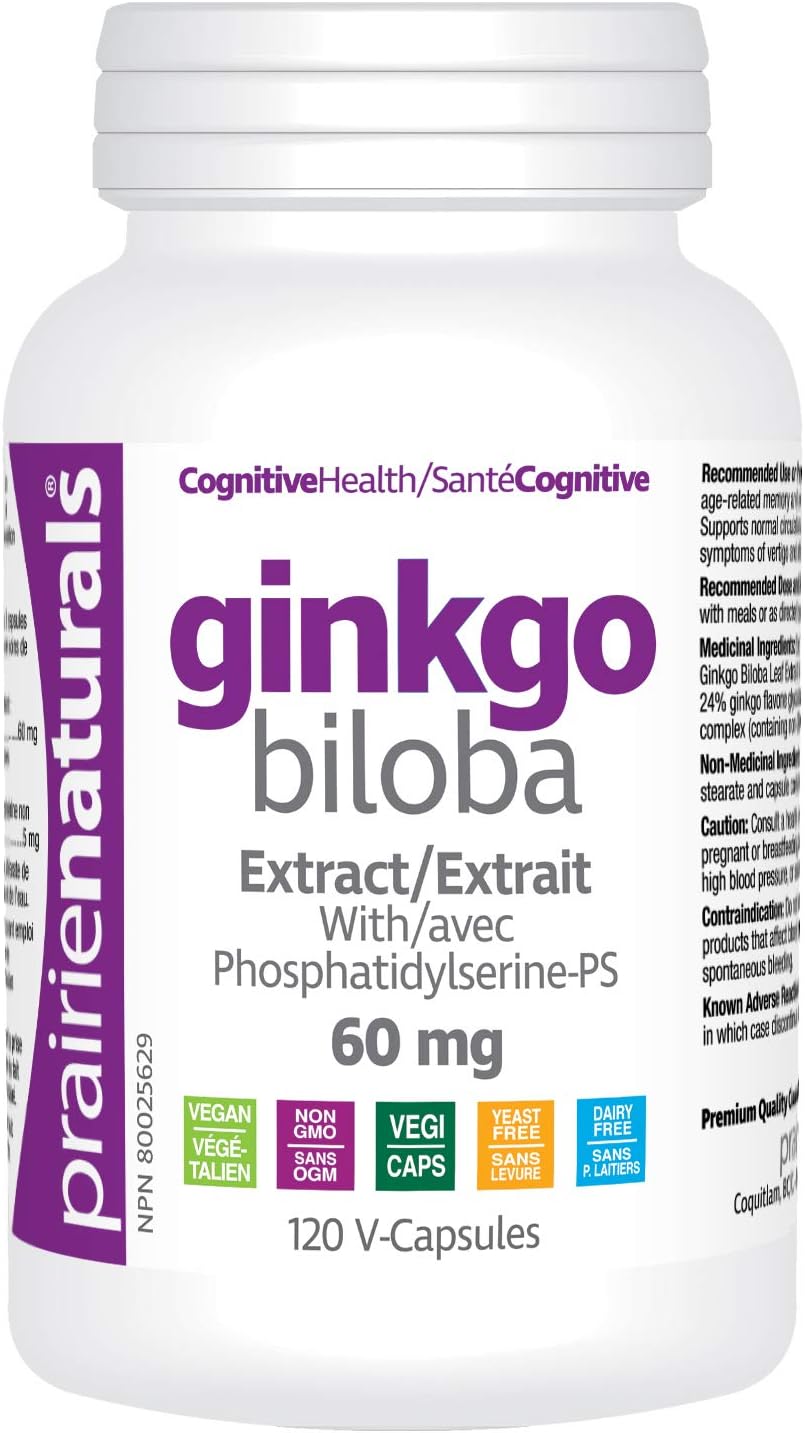 Prairie Naturals 银杏提取物 60 毫克，含磷脂酰丝氨酸 VCaps - 120 粒