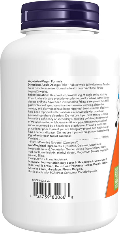 NOW Supplements，雙倍強度左旋肉鹼 1,000 毫克，最純淨形式，胺基酸，健身支持，100 片